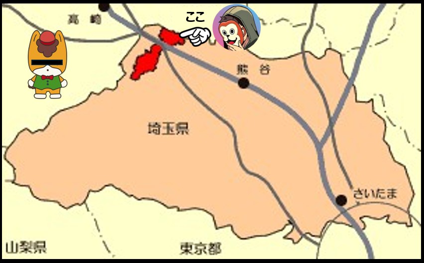 埼玉県本庄市の位置を示した地図。本庄早稲田・群馬県境に近い本庄エリアを「ここ」で示した、NTR体験談「ねとりっぷ埼玉編」の舞台説明用画像。