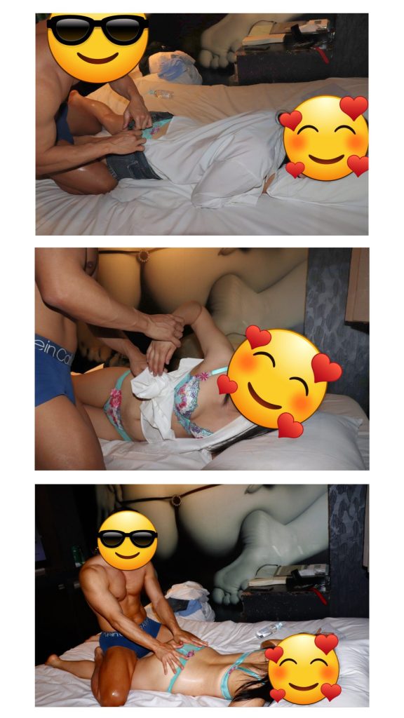 ホテルのベッドで人妻の下着を脱がす過程とオイルマッサージが進むシーン。埼玉・本庄早稲田のNTR体験談「ねとりっぷ埼玉編」で、マッサージから寝取らせへ移行する瞬間を描いた施術場面。