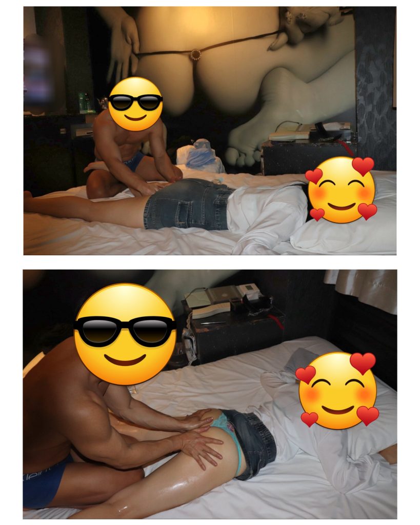 ホテルのベッドでオイルマッサージを行うシーン。埼玉・本庄早稲田のNTR体験談「ねとりっぷ埼玉編」で、マッサージから徐々に関係が進展していく流れを描いた施術場面。