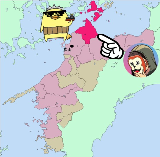 愛媛県北東部の今治市の位置を示す地図画像。松山から今治へ向かう「ねとりっぷ愛媛編」で、しまなみ海道の起点となる今治のラブホテルへ寝取らせNTR体験に向かう流れを説明するための地域解説画像
