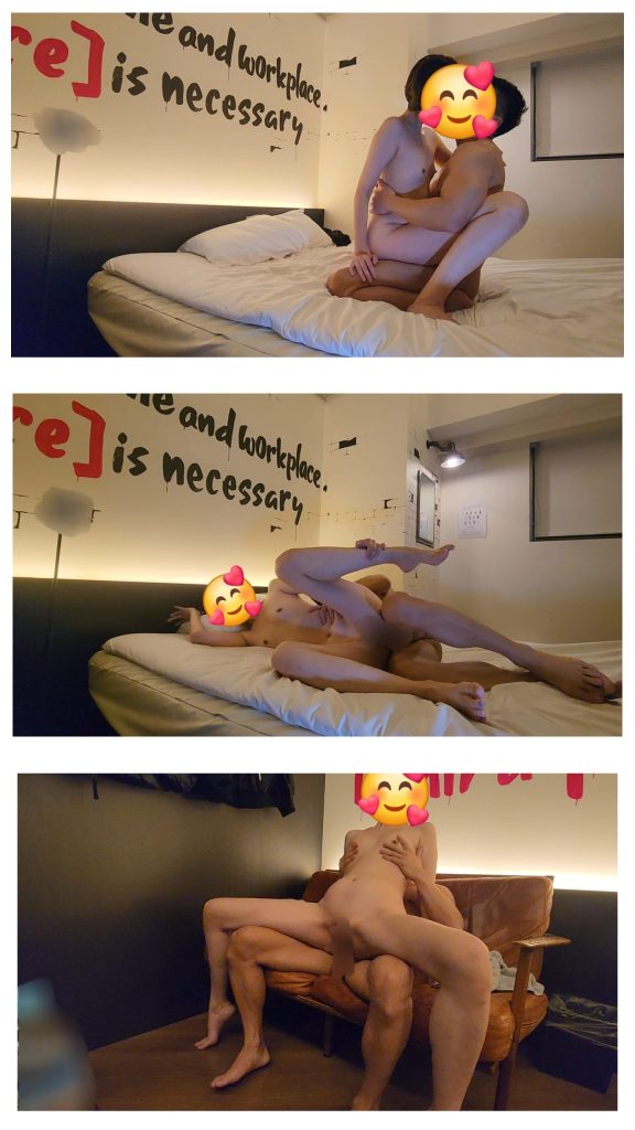 夫婦NTRの貸出プレイで、ホテルのベッドとソファで奥さんとクロエが密着する遊戯シーンをまとめた体験写真