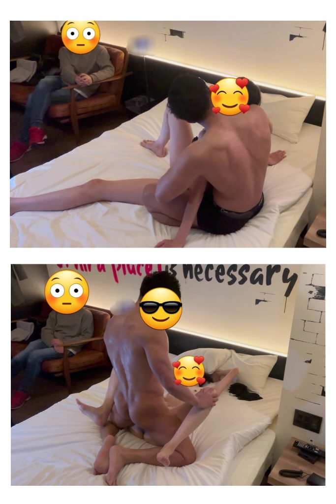 夫婦NTRの現場で、寝取られ夫が見守る中、奥さんとクロエがホテルのベッドで遊戯する様子をまとめた体験写真